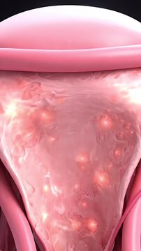 Detailed 3D Medical Animation of Female Reproductive System Showing Uterus and Ovaries with Detailed Biological Structures and Text Overlays