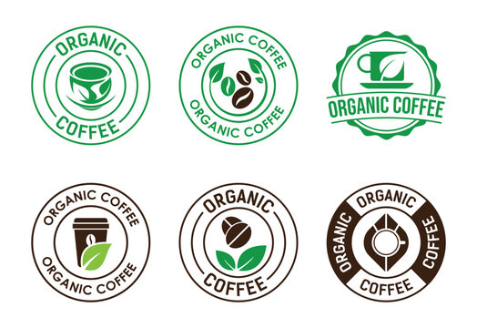 Organic coffee logo badge set with green and brown leaves and roasted bean icons