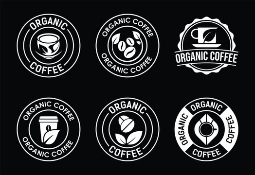 Inverted white organic coffee badge set on black background with circular frames