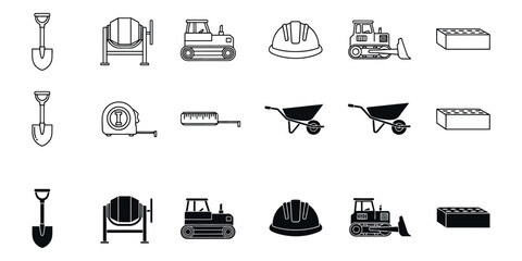 Construction tools and equipment in black and white shovels cement mixer © VARIOUS