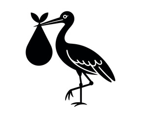 Fototapeta premium A black stork holding a baby in a sack in its beak on a white background