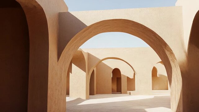 Arches and walls creating a minimalist architectural space, with natural desert tones and hard shadows playing across the geometric forms under a bright sky