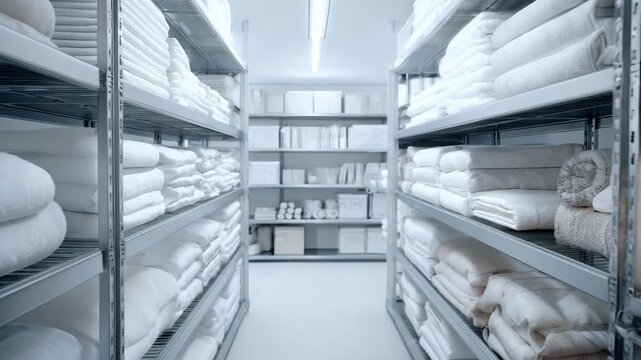 Closeup medium shot showing smart shelves equipped with sensors detecting linen quantities in a textile storage room.