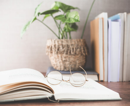 Open Book on Desk with Old Glasses on Top; Plant and Book Stack in Background