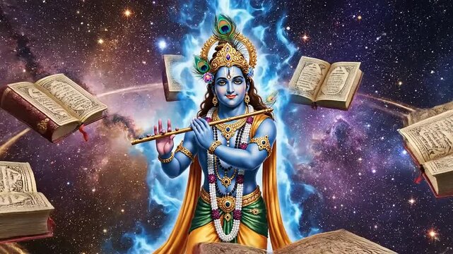 Enchanting portrayal of Lord Krishna playing his divine flute amidst a cosmic nebula, surrounded by ancient texts, radiating celestial wisdom and spiritual harmony