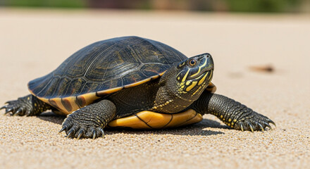 Obraz premium Turtle on sandy beach with dark shell and yellow markings