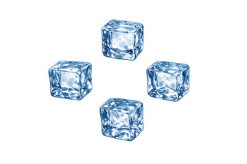 Four clear melting ice cubes offering cold refreshment and chilling effect on transparent background