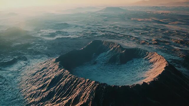 Massive volcanic caldera cutting into an eroded, arid highland under a dramatic sky, evoking desolation, raw geology and an otherworldly, apocalyptic landscape vista