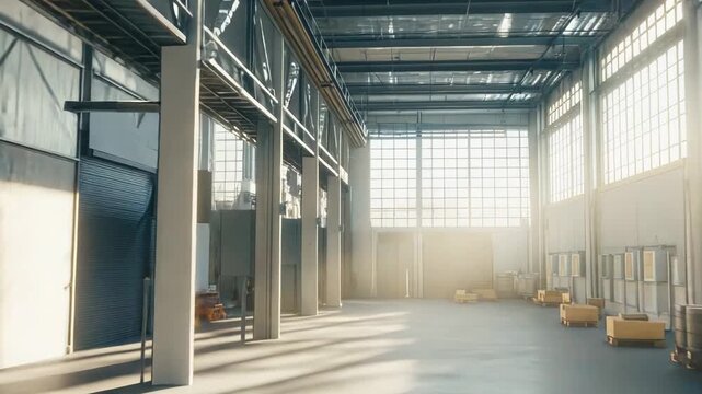 Large industrial warehouse interior featuring rows of structural columns, empty concrete flooring, stacked pallets, and abundant natural light streaming through expansive windows