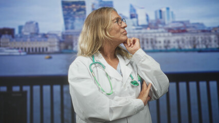 Woman doctor with stethoscope, hand on chin by riverside railing with city building skyline in view; thoughtful reflection.
