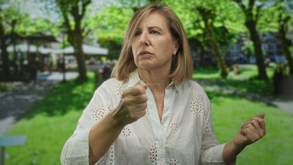 Fototapeta premium Woman in white shirt raises clenched fist and tense right hand gesture in forest clearing under green trees; frustration.