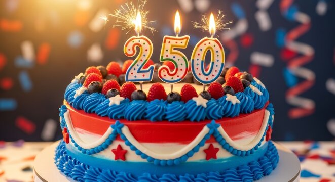 Red white and blue cake with 250 candles for Semiquincentennial celebration. Independence Day pastry for patriotic event.