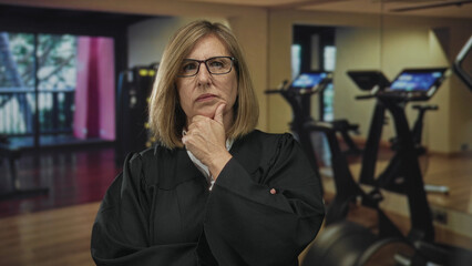 Middle age caucasian judge in black robe with glasses stands with hand on chin amid treadmills in gym building  contemplation. © Krakenimages.com