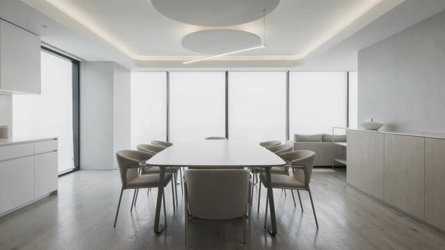 Medium shot of a sleek modern dining room featuring minimalist ceiling diffusers blending seamlessly with ambient lighting and clean lines.