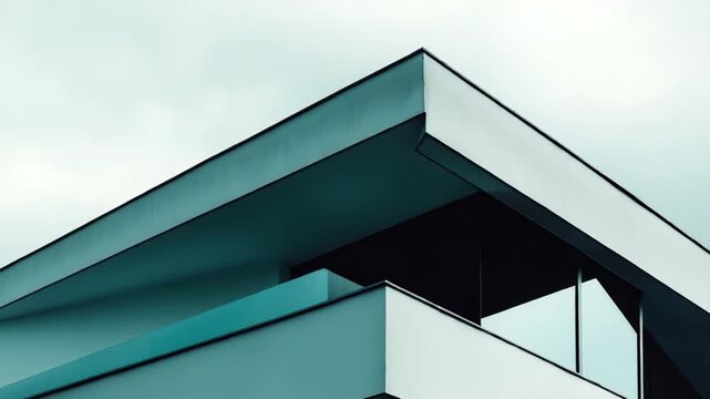 Abstract architectural angles form a minimalist composition of clean lines, sharp corners and glass reflecting a cool muted sky, emphasizing geometry, contrast and texture