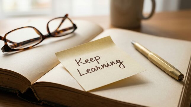 Keep learning note on open book glasses pen coffee study motivation