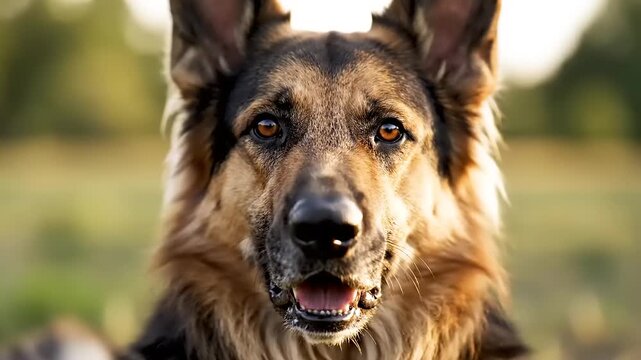 Close-up portrait of a majestic German Shepherd dog with expressive eyes, looking directly at the camera with a soft, natural outdoor background