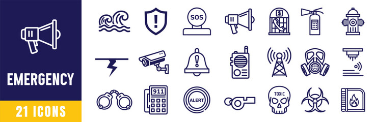 21 emergency web icons set in clean outline style vector illustration, Emergency alert safety and rescue line web icons pack vector illustration