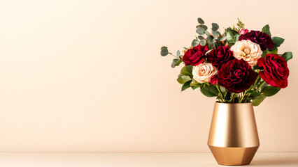 Fototapeta premium Elegant bouquet of red and white roses in gold vase on neutral background with copy space