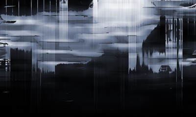 水彩画や墨絵のようなペイントで空、雲、雨、木、建物などの風景を幻想的、抽象的にデザインしたイラストの背景、壁紙のグラフィックの素材