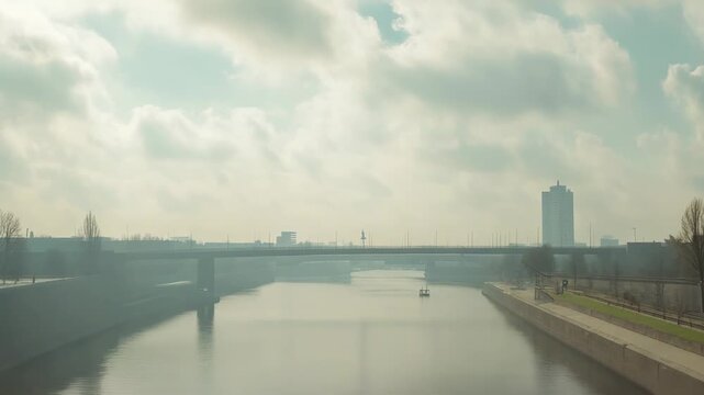 Urban landscape featuring a bridge spanning a river, with a modern highway for transport and tall lamp posts standing along the hazy skyline, under an overcast sky