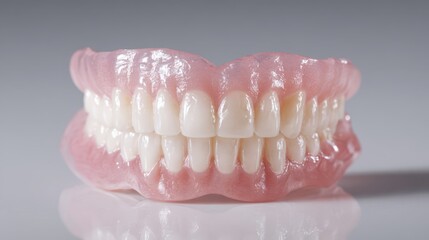 Fototapeta premium Close-up of a complete dentures resting on a polished gray background under studio lighting
