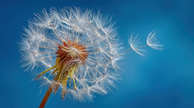 Delicate dandelion seeds blown by the wind against a clear azure backdrop