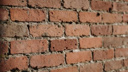 Obraz premium Close-up of an old weathered red brick wall with visible mortar joints.