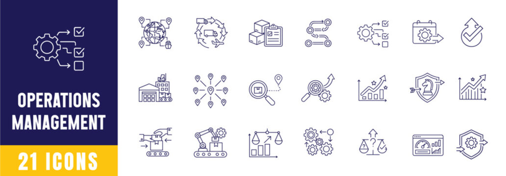 21 operation management web icons set in clean outline style vector illustration, 21 business operations management line web icons pack vector illustration