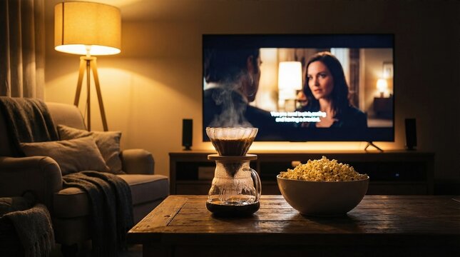 Hot pour over coffee on living room table with popcorn bowl while watching movie on TV. Cozy evening at home with drip brew.