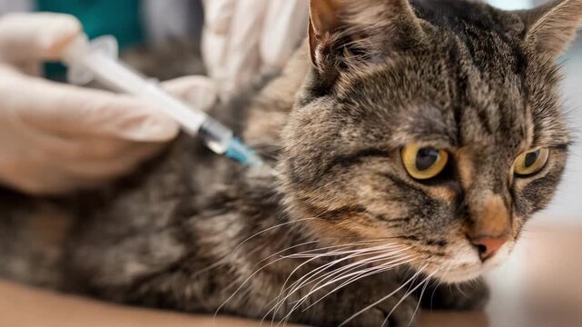 Closeup of a cat receiving a microchip injection at a calm indoor veterinary clinic highlighting compassionate pet care and technology.