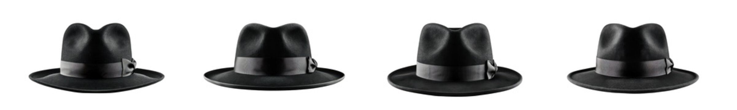A collection of four stylish black fedora hats with decorative bands, isolated on white. isolated on transparent background