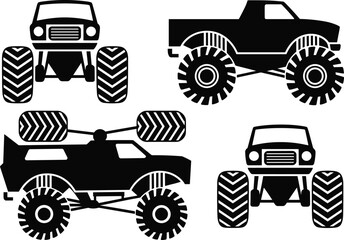 "Collection of stylized black and white monster truck illustrations with oversized tires, elevated suspension, off-road design, front and side views, SUV and pickup variations" © MstNur