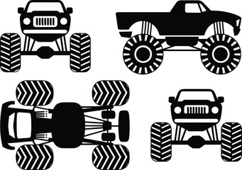 "Set of black and white monster truck silhouettes with oversized tires, elevated suspension, offroad design, front, side, and top-down views, pickup and SUV variations" © MstNur