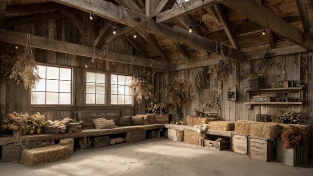 Rustic photography studio showcasing exposed wooden beams vintage props and warm natural tones for a cozy creative atmosphere