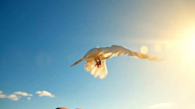White dove released from hand flying into a blue sky at sunset