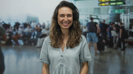 Young hispanic woman smiling and raising fists at a crowded modern airport terminal near departures gate  excitement. © Krakenimages.com