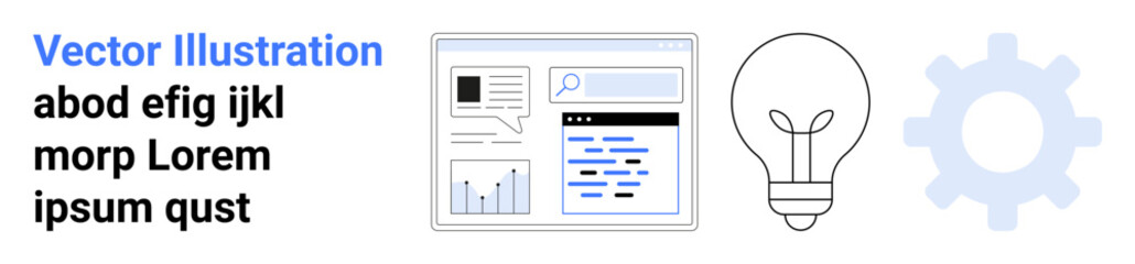 Technology, innovation, brainstorming, problem-solving, data analysis, web design. Digital window with chart and search bar, light bulb gear icon. Technology and innovation concepts