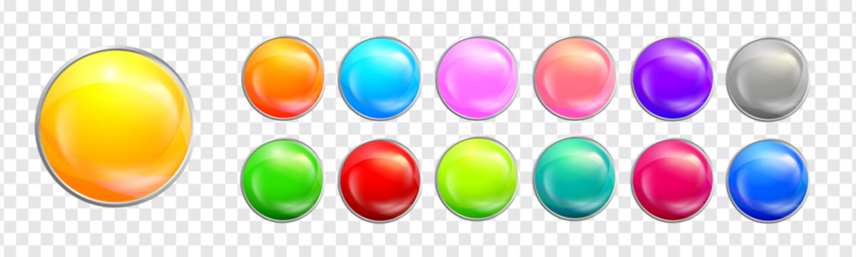 3D glossy colorful round UI buttons set with glass effect isolated on transparent background. Web and app interface elements
