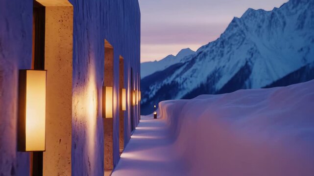 Contemporary architectural facade with warm lights guiding a path through winter snow, offering a cozy retreat amidst a serene mountain wilderness during twilight hours