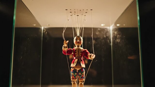 Wooden marionette puppet dancing in a glass display case