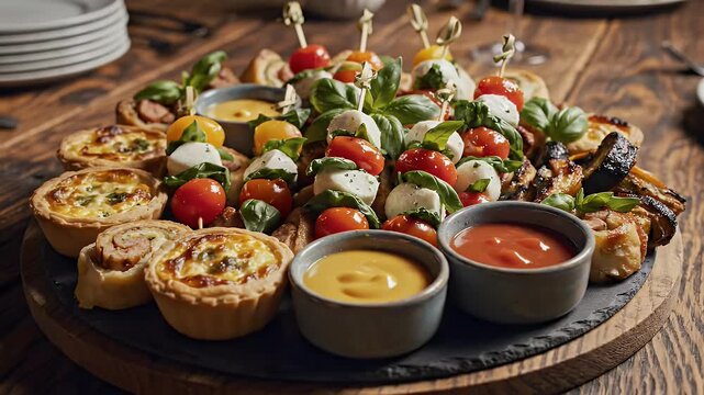 Assortment of appetizers and dips on wooden platter