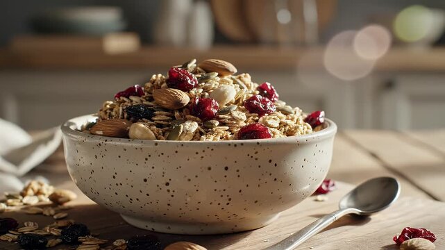 Close up of a bowl of granola with assorted nuts and berries natural light