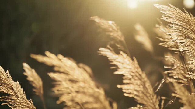 Pampas grass plumes glowing in warm golden hour light at sunset, soft focus meadow with feathery stalks, muted tones and dreamy bokeh creating a calm, tranquil atmosphere