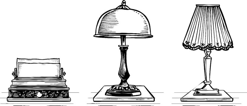 Vintage engraved illustration set featuring office desk, blotter, and lamps for retro design projects