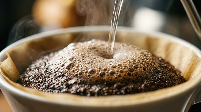 Hot water pouring over ground coffee in a drip filter. Close up of brewing process for a fresh morning coffee. Beverage concept.