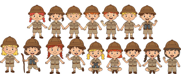 Cute explorer kids cartoon vector collection with safari adventure children characters isolated illustration set © Momota