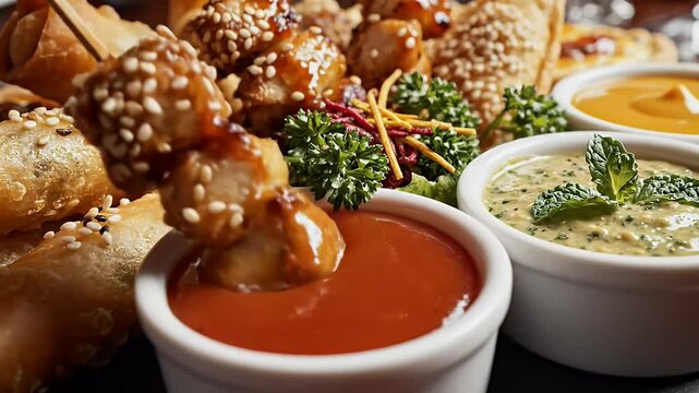 Close up of assorted appetizers and dipping sauces on a serving platter