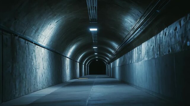 Underground passage with a vanishing point. Exhibiting a mysterious ambiance with concrete textured walls. Metallic pipes. And square ceiling lights illuminating the pathway forward into the darkness