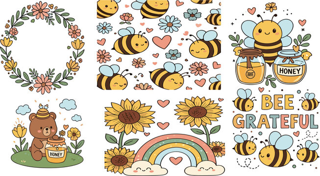 Cute bee cartoon vector collection with honey flowers sunflower rainbow and seamless pattern illustration set